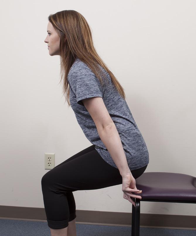 Chair rise exercise: This exercise improves balance and strength in the stomach and legs. Sit on the front edge of a sturdy chair keeping your knees and feet hip-width apart.