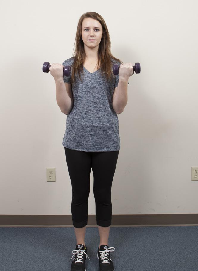 Bicep curls: This exercise helps strengthen the arm, shoulder and chest muscles. Stand with a weight in each hand. Place your feet shoulderwidth apart and your arms at your sides, palms forward.
