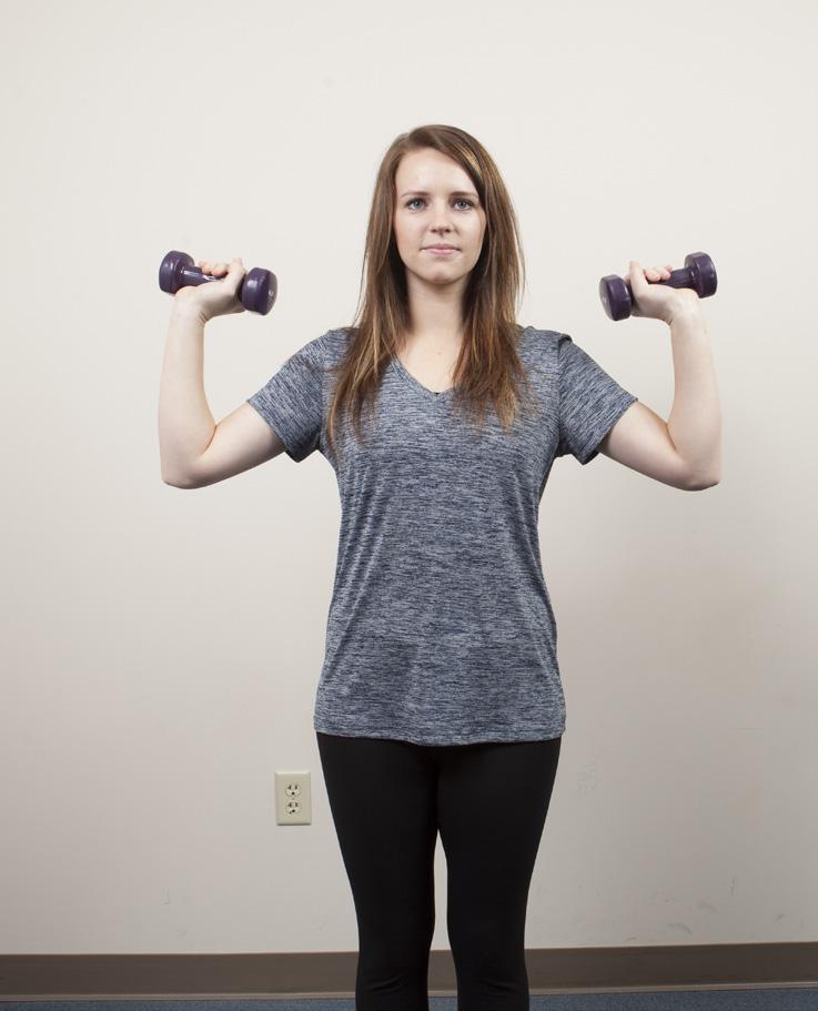 Overhead press: This exercise helps strengthen the arm, shoulder and chest muscles. It also helps firm up the back of the upper arms, to make reaching for high items easier.