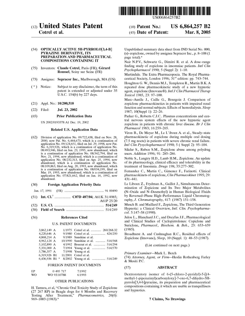 Case 2:09-cv-01302-DMC-CCC Document 1 Filed 03/20/2009 Page 72 of 95 (12) United States Patent (10) Patent NO.: US 6,864,257 B2 Cotrel et al. (45) Date of Patent: Mar.