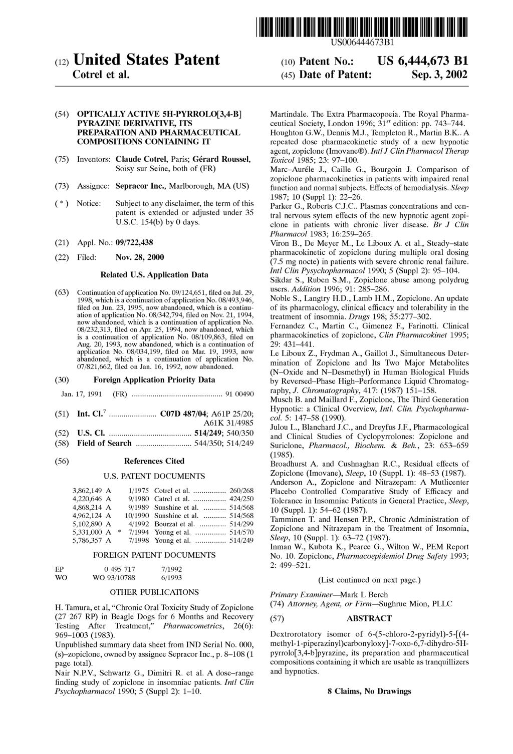 Case 2:09-cv-01302-DMC-CCC Document 1 Filed 03/20/2009 Page 79 of 95 US006444673Bl (12) United States Patent (10) Patent NO.: US 6,444,673 ~1 Cotrel et al. (45) Date of Patent: Sep.