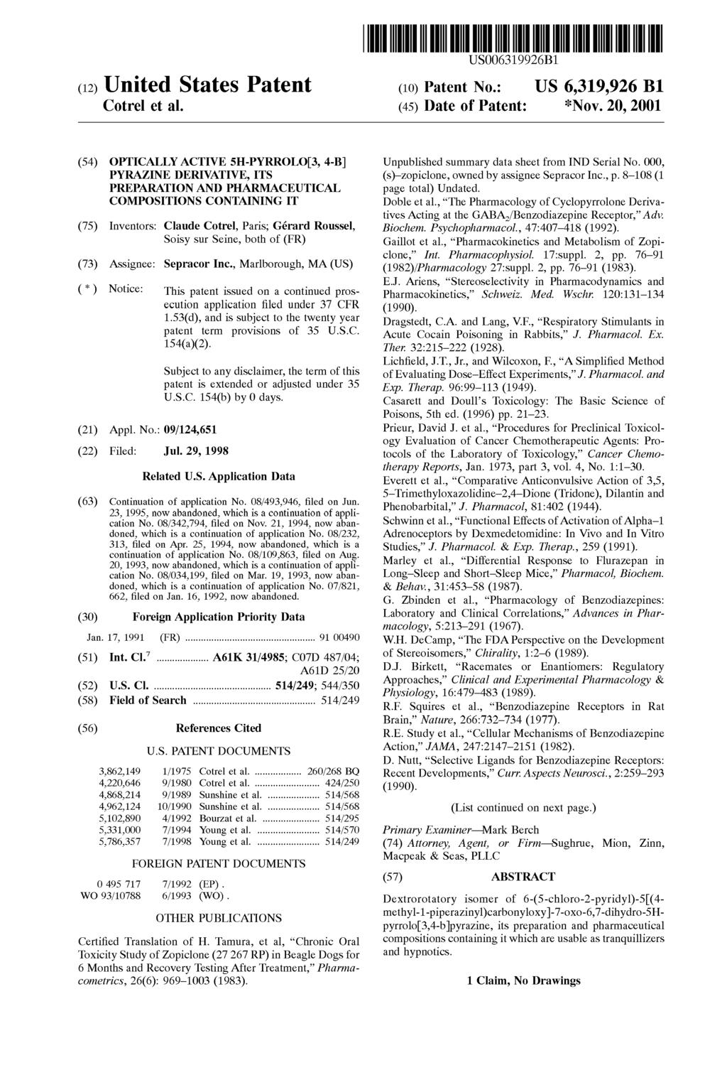 Case 2:09-cv-01302-DMC-CCC Document 1 Filed 03/20/2009 Page 85 of 95 US006319926Bl (12) United States Patent (10) Patent NO.: US 6,319,926 ~1 Cotrel et al. (45) Date of Patent: *Nov. 20,2001 Jan.