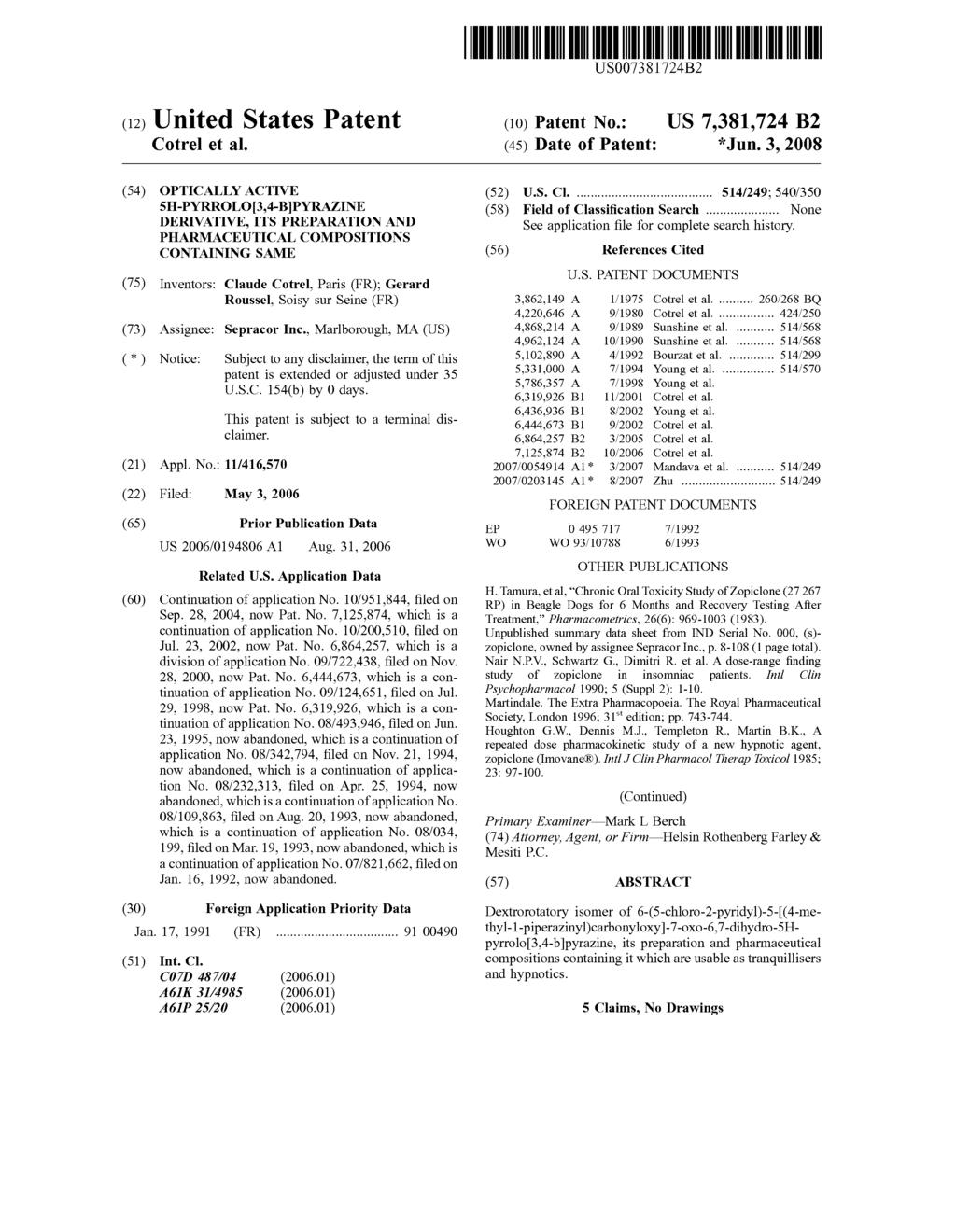 Case 2:09-cv-01302-DMC-CCC Document 1 Filed 03/20/2009 Page 91 of 95 (12) United States Patent (10) Patent NO.: US 7,381,724 B2 Cotrel et al. (45) Date of Patent: *Jun.