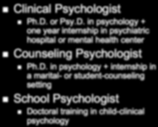 in psychology + one year internship in psychiatric hospital or mental health center Counseling