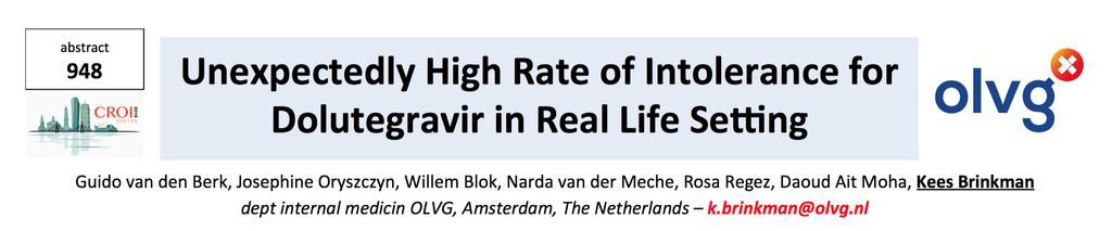 Large ART clinical service in Amsterdam Dolutegravir treatment stopped in 62/387 patients (16%) Reasons Sleeping problems (n=19)