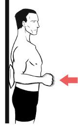 Lift the operated arm as much as possible up behind the back, using the good arm to assist it. Standing, lift the operated arm up behind the back unassisted.