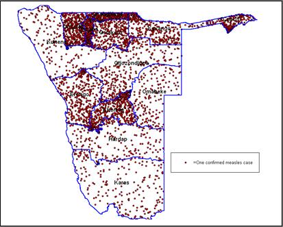 Spot map of confirmed cases of measles, Namibia 2010, 1 dot=1 case,