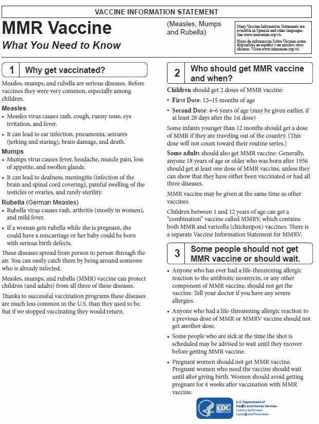 Vaccine Information Statements (VISs) Diphtheria, Tetanus, Pertussis Measles, Mumps, Rubella Polio hepatitis A and B Haemophilus