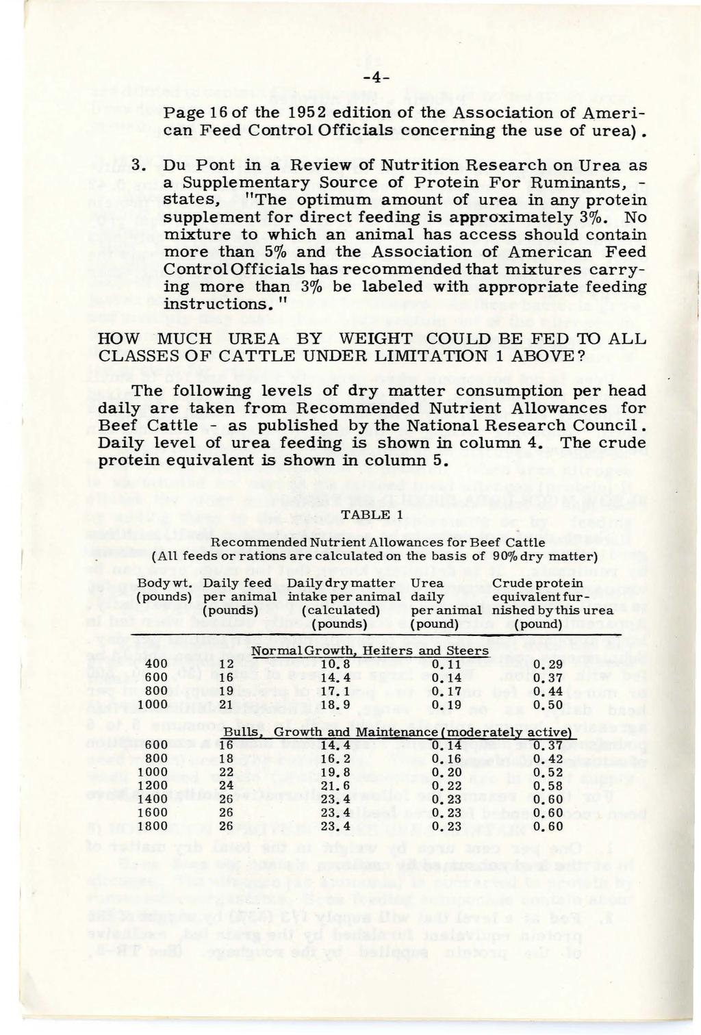 -4- Page 16 of the 1952 edition of the Association of American Feed Control Officials concerning the use of urea) 3.