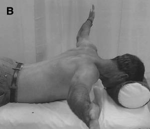 down Raise arms out to the side, parallel to the floor Hold for 2 seconds and lower slowly B: Prone Horizontal Abduction (Full ER) Lie on the table, face