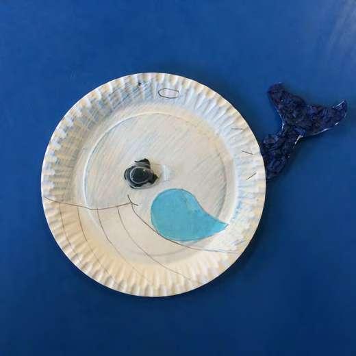5 Paper Plate Whale! Materials needed: Paper plate Cardboard Pencil/colouring pencils Scissors Blue tissue paper Stapler Googly eye (or similar) Glue 1.