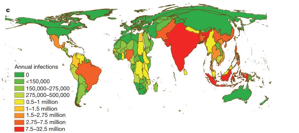 Figure 1 Cartogram of the annual number of infections in 2010 for all ages as a proportion of national or subnational geographical area [4].