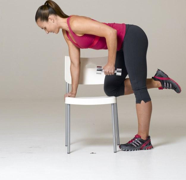 Triceps Press-Back >>Tones backs of arms Hold a dumbbell in left hand and place right knee and right hand on a