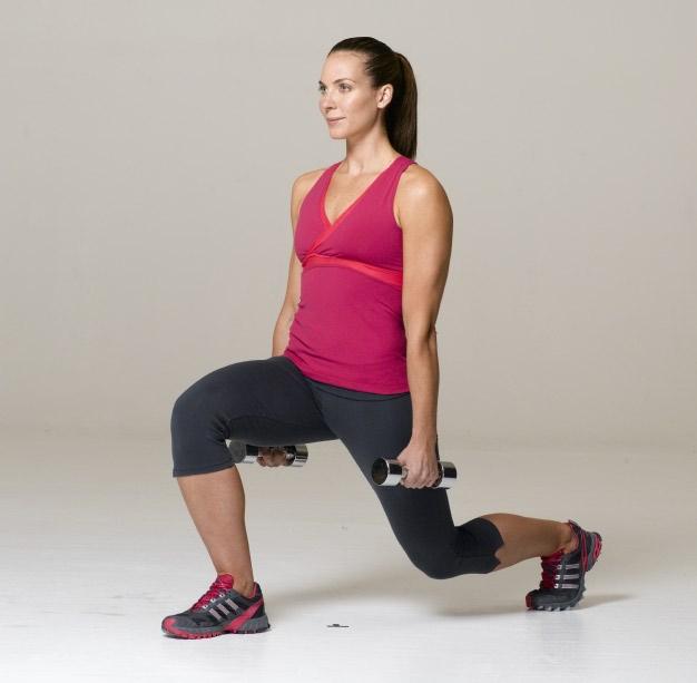 Lunge >>Tones glutes and thighs Hold dumbbells down at sides, palms facing in. Stand with right foot 2 to 3 feet in front of left, toes pointing forward, left heel off floor.