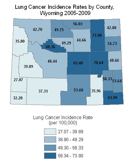 This map shows lung cancer incidence rates by Wyoming county from 2005-2009.