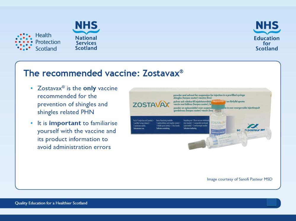 Slide 24 Zostavax is recommended for the prevention of shingles infection and shingles related PHN. Zostavax should not be used for the treatment of PHN.