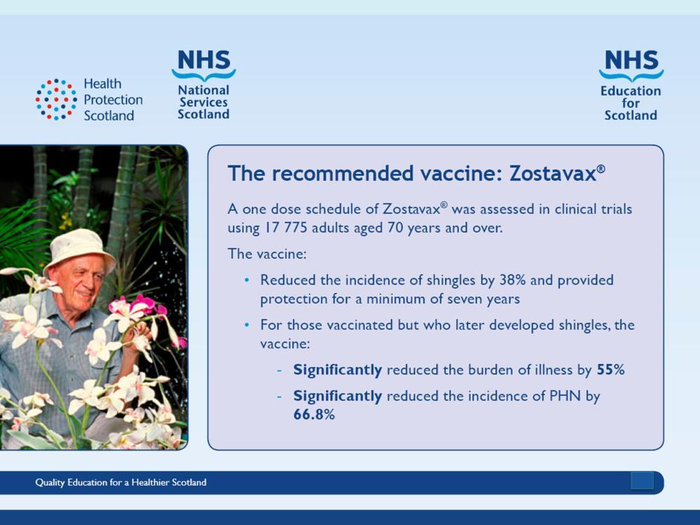 Slide 32 The efficacy of the vaccine in this age group is estimated to be as low as 38% 7 and may not fully prevent the development of shingles infection.