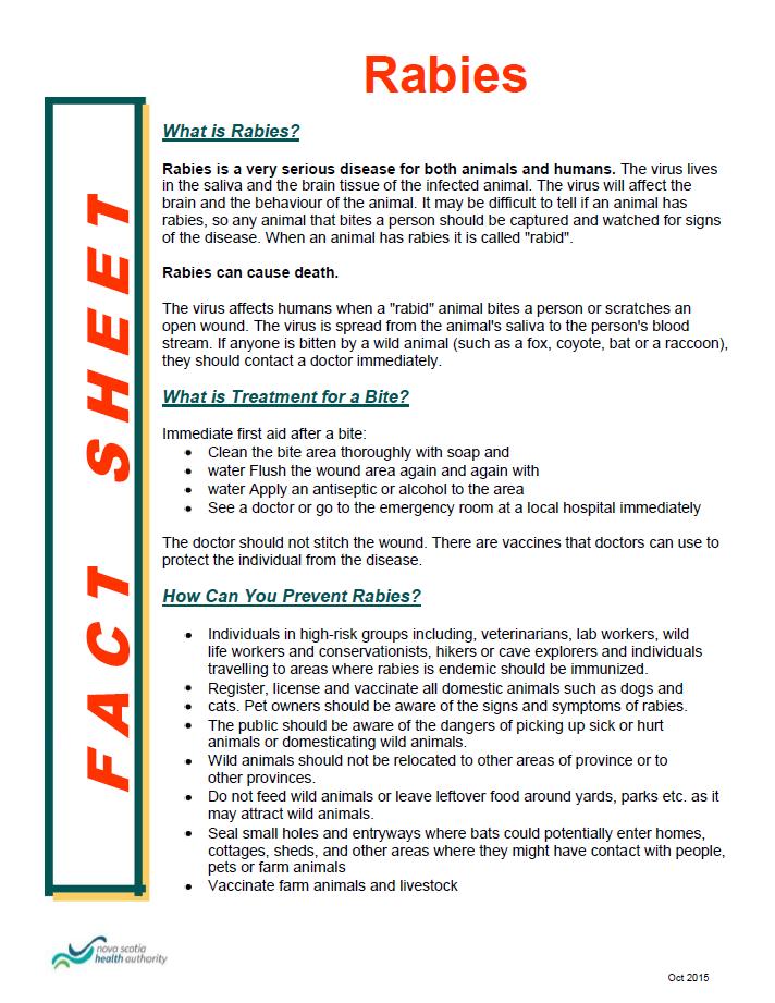 APPENDIX Q - Rabies: Fact sheet Detailed information about rabies in the province can be found in NS Rabies Response Plan.