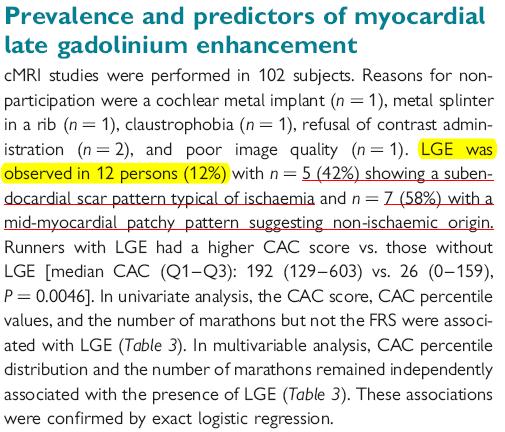 Cardiac-MRI: Late enhancement Recreational marathon runners between 50 and 72 yrs (57 ± 6) Marathon runners are not automatically healthy