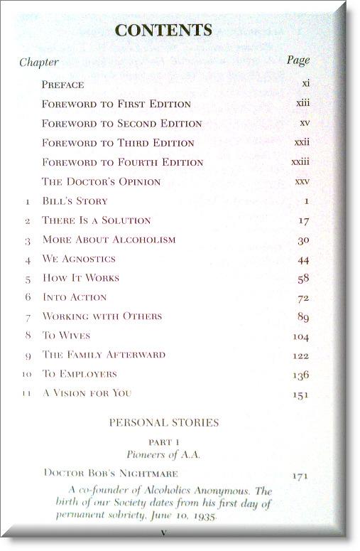 Workshop leader reads this page aloud Attendees see page 5 Big Book Goals Let's take a look at the Table of Contents from the book Alcoholics Anonymous, affectionately referred to as The Big Book.