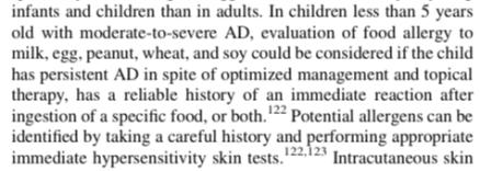 TOPIC AAD JTF Food allergy testing Diagnostic elimination diet or controlled oral food challenge if specific food allergy suspected IgE testing if clinically suspected; oral food challenge only if
