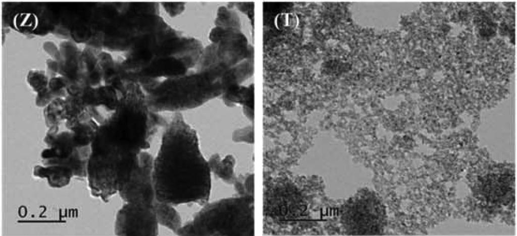 910 7.4 TiO (101) TiO (004) T(TiO ) 0.8604 9.4 0.911 8.3 Fig. 4. TEM images of pure ZnO (Z) and TiO nanopowder (T) calcined at 500 C. given in Table 1.