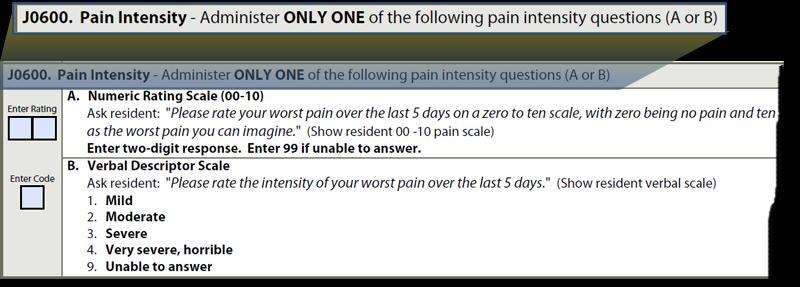 J0600 Pain Intensity Numeric Rating Scale (scale f 00 t 10) Verbal Descriptr Scale