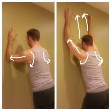with nothing at all, just sliding the arms up against the wall. Stand with forearms parallel against the ball.