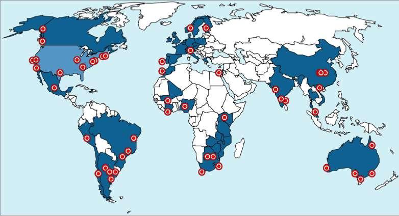 Geographical distribution of ART for prevention studies Dark blue represents countries conducting ART in prevention research, light blue represents countrywide efforts