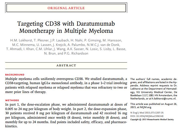Daratumumab Daratumumab is a human IgG1k monoclonal antibody (mab) that binds with high affinity to the CD38 molecule, which is highly expressed on the surface of multiple myeloma cells.