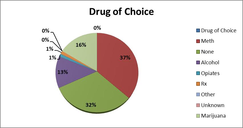 i. For those that were co-occurring, the drug of choice was Methamphetamine (37%), followed by marijuana (16%) and alcohol (13%). j.