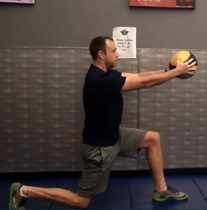 Reverse lunge with heavy med ball in front Start in a standing position.