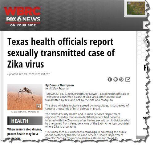 Epidemiology Geographic distribution A case of sexually transmitted Zika infection was reported in Texas in February 2016 This is the first case of locally