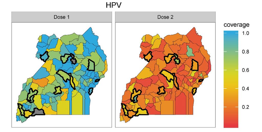 Figure 6: HPV vaccine coverage in Uganda, from HMIS data, November 2015 to December 2016 Figure 7: HPV vaccine coverage by