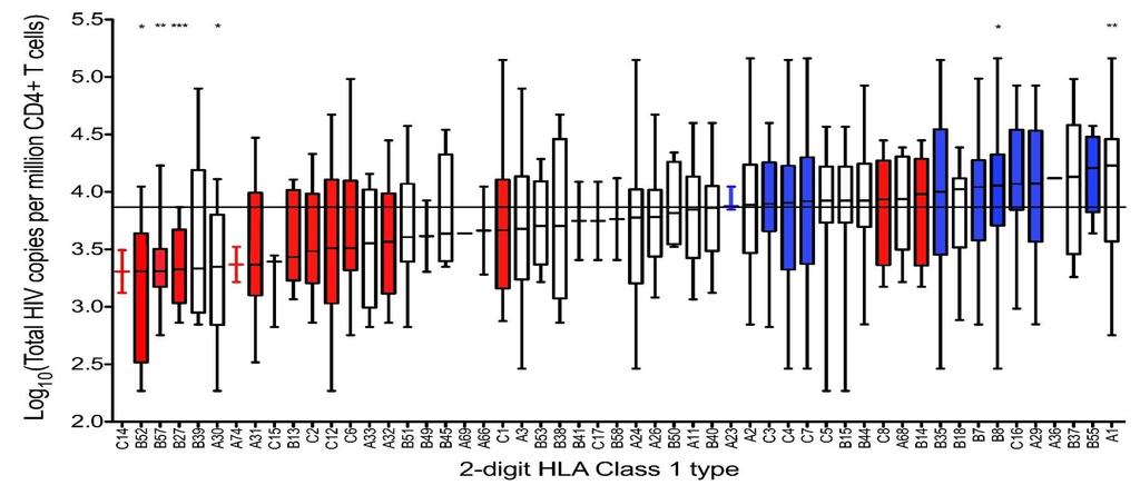 HIV DNA is associated with good prognosis HLA class I alleles Patients with good Class I HLAs (n=20) red have