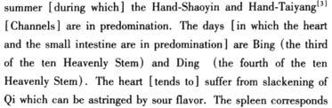 Summer and heart Heart Qi corresponds to summer thus its treatment follows the characters of summer Adjust the heart Qi by choosing the points on the heart (Shaoyin) and the small intestine