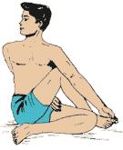 Ardha-matsyendrasana (Lateral spinal twist pose) 1. Sit upright, and stretch out the legs. 1. Fold the left leg at the knee so that the heel presses the pelvic bones (anus). 2.