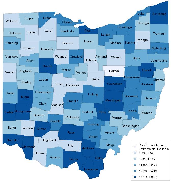 The following map shows the estimated proportion of all adults, ages 19 years and older, with unmet needs in dental care.