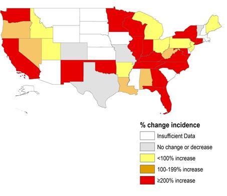 Increases in New HCV Infections 50% increase in national reporting 200% increase in 17 states Recent studies show ~ 70% PWID Previous prescription narcotic users Ages 18 to 29