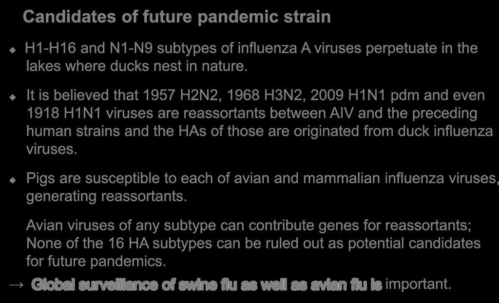 It is believed that 1957 H2N2, 1968 H3N2, 2009 H1N1 pdm and even 1918 H1N1 viruses are reassortants between AIV