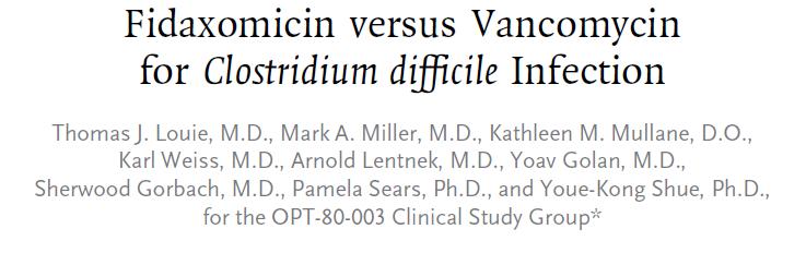 NEJM 2011 Design: blinded non-inferiority RCT Population: 629 patients >16 years of age with Clostridium difficile infection in 52 US + 15 Canadian
