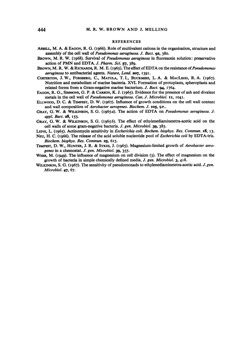 444 M. R. W. BROWN AND J. MELLING REFERENCES ASBELL, M. A. & EAGON, R. G. (1966). Role of multivalent cations in the organization, structure and assembly of the cell wall of Pseudomonas aeruginosa. J. Bact.