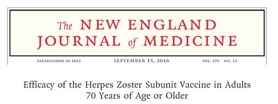NEJM 2015;372:2087-96 Phase 3 study; 7698 received vaccine, 7713 placebo Adults 50 and older stratified by age Two dose series 6 cases zoster in vaccine group, 210 in placebo group Mean follow up 3.