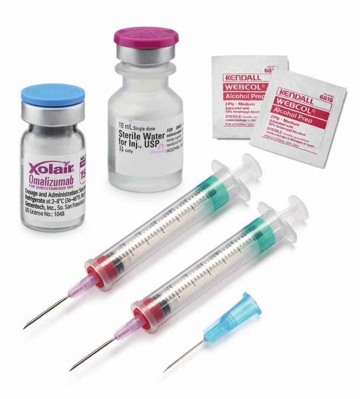 XOLAIR (Omalizumab) For Subcutaneous Use Diluent (SWFI, USP) Alcohol swabs Supplies needed per vial of XOLAIR XOLAIR (Omalizumab) vial Diluent vial SWFI, USP Two 3-cc syringes Two 1-inch, 18-gauge