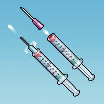 STEP 6: Replace the 18-gauge needle with a 25-gauge needle for subcutaneous injection. STEP 7: Expel air, large bubbles, and any excess solution in order to obtain the required 1.2-mL dose.