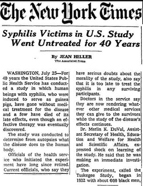 Americans of African Decent "Tuskegee Study of Untreated Syphilis in the Negro Male