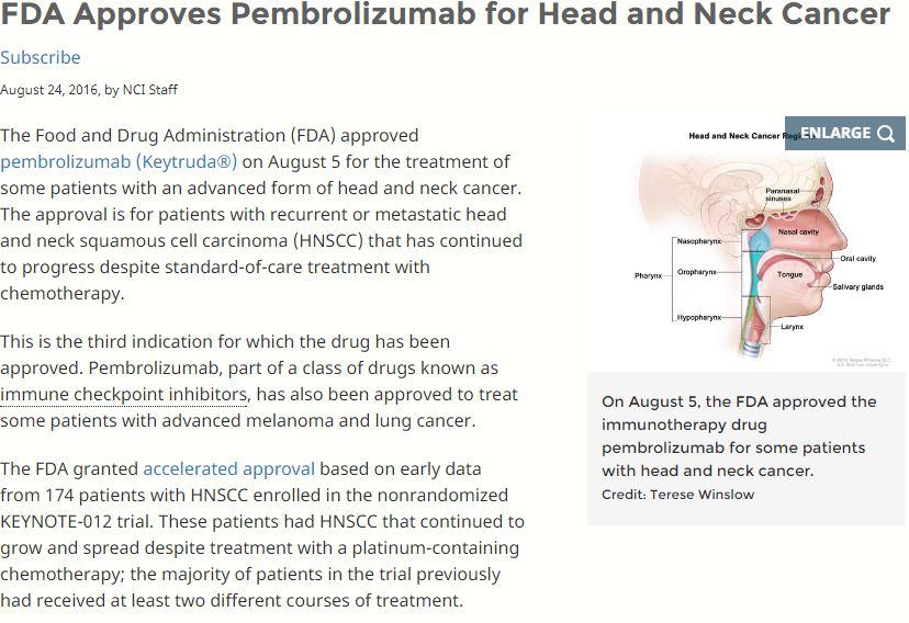Pembrolizumab (Anti-PD-1 mab)- August 5 th, 2016 Patients with Recurrent or Metastatic