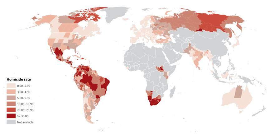 Homicide rates at the sub-national level (2012) Note: The boundaries and names shown and the designations used on this map do not imply official endorsement or acceptance by the United Nations.