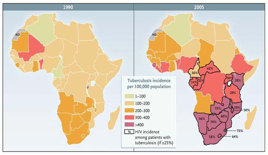 Estimated Incidence of TB per 100,000 Population in African Countries in 1990 and 2005 Chaisson R and Martinson N.