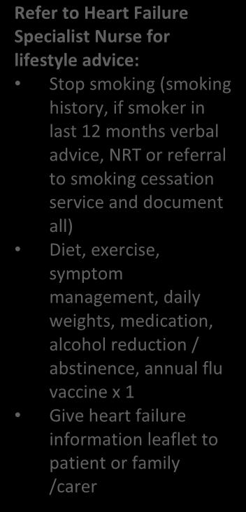 referral to smoking cessation service and document all) Diet, exercise, symptom management, daily weights, medication, alcohol reduction / abstinence, annual flu vaccine x 1 Give heart